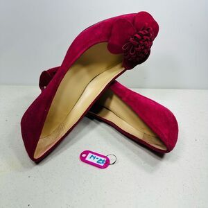 Kate Spade New York Suede Red High Heeled Pump Slip On Shoes Raised Flower 10